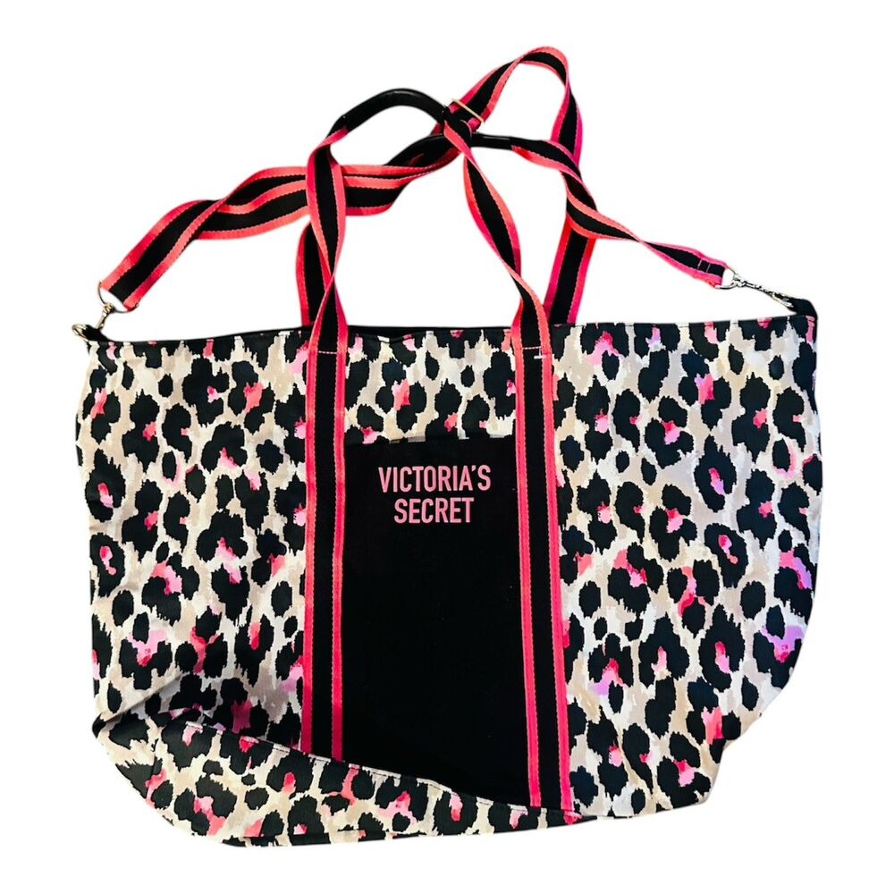 Victoria's Secret Pink Leopard Print LARGE Tote Canvas Weekender Bag  Gym Purse